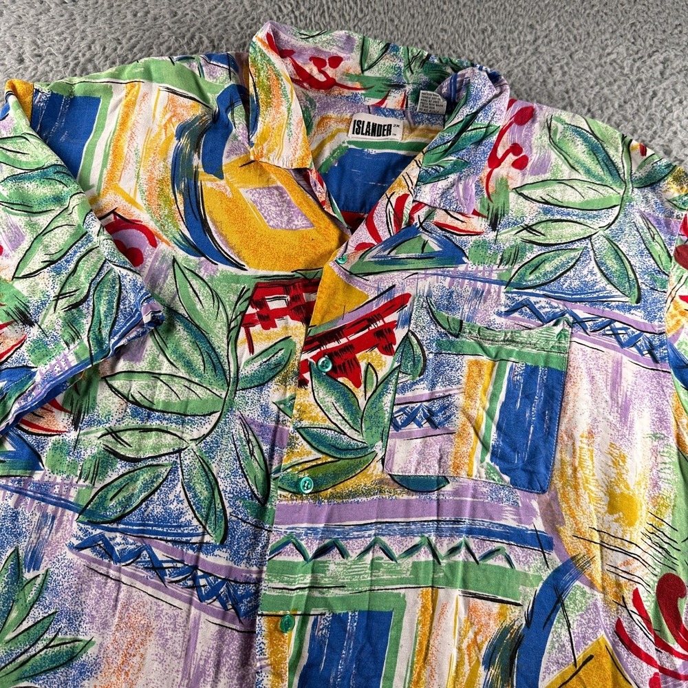 Vtg Islander Hawaiian Camp Shirt‎ Mens 2X Abstract Tropical Rayon SS Loop Collar